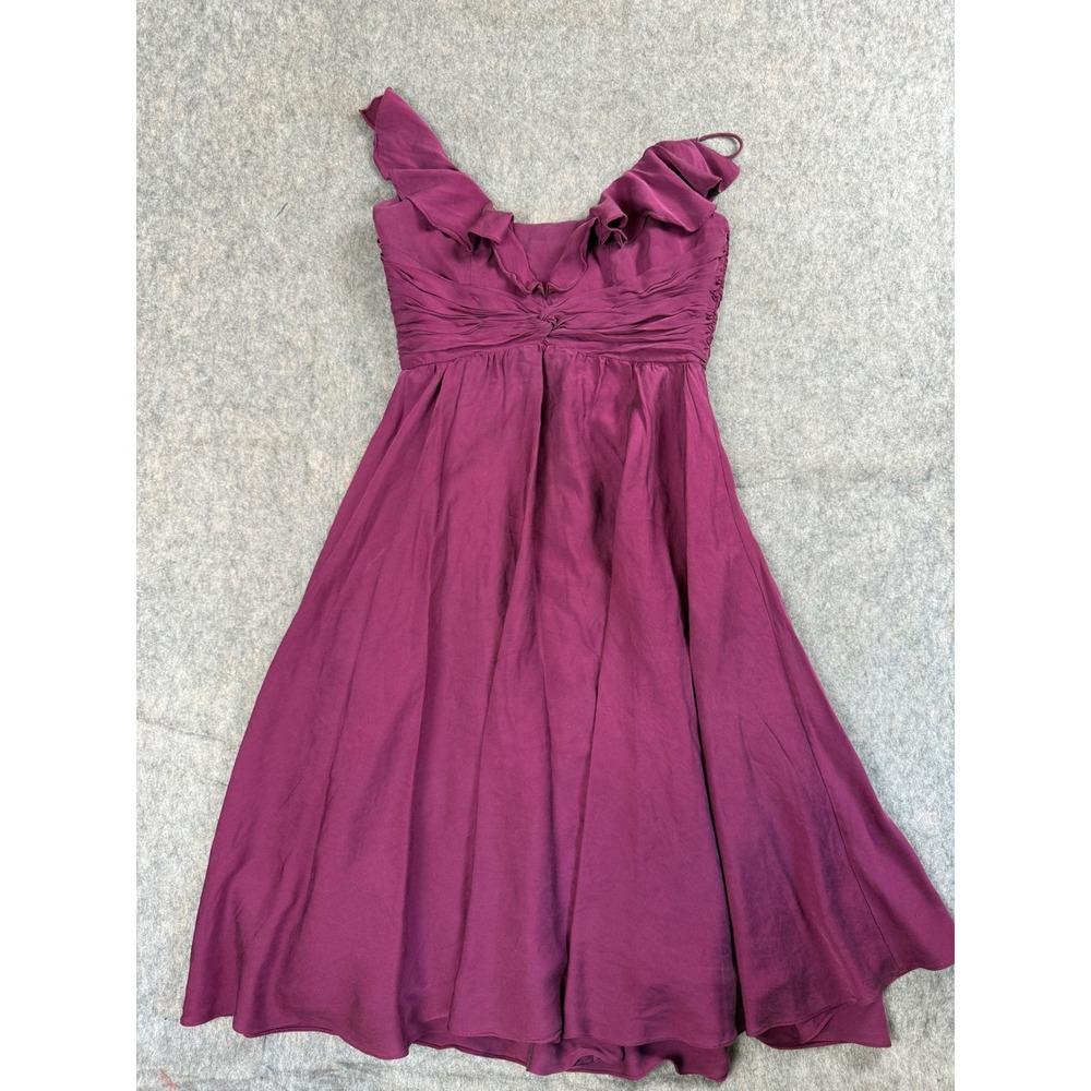 J.Crew Silk Ruffle Dress Womens 2 Purple Ruched V-Neck Cocktail Midi Party Chic